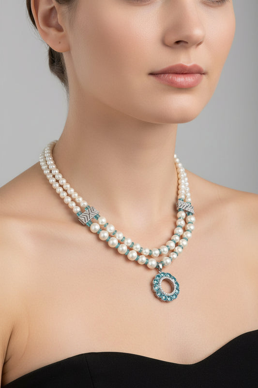 Two Strands Pearl, And Apatite Necklace With Apatite Pendant