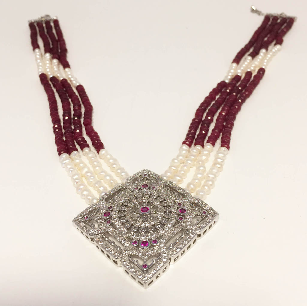 Four Strands Pearl, And Red Jasper Necklace with Pendant