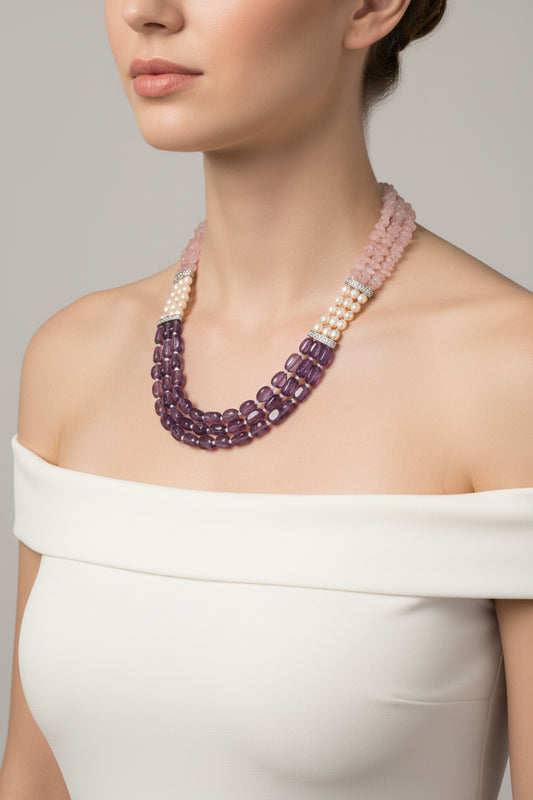Three Strands Amethyst, Pearl, And Rose Quartz Necklace