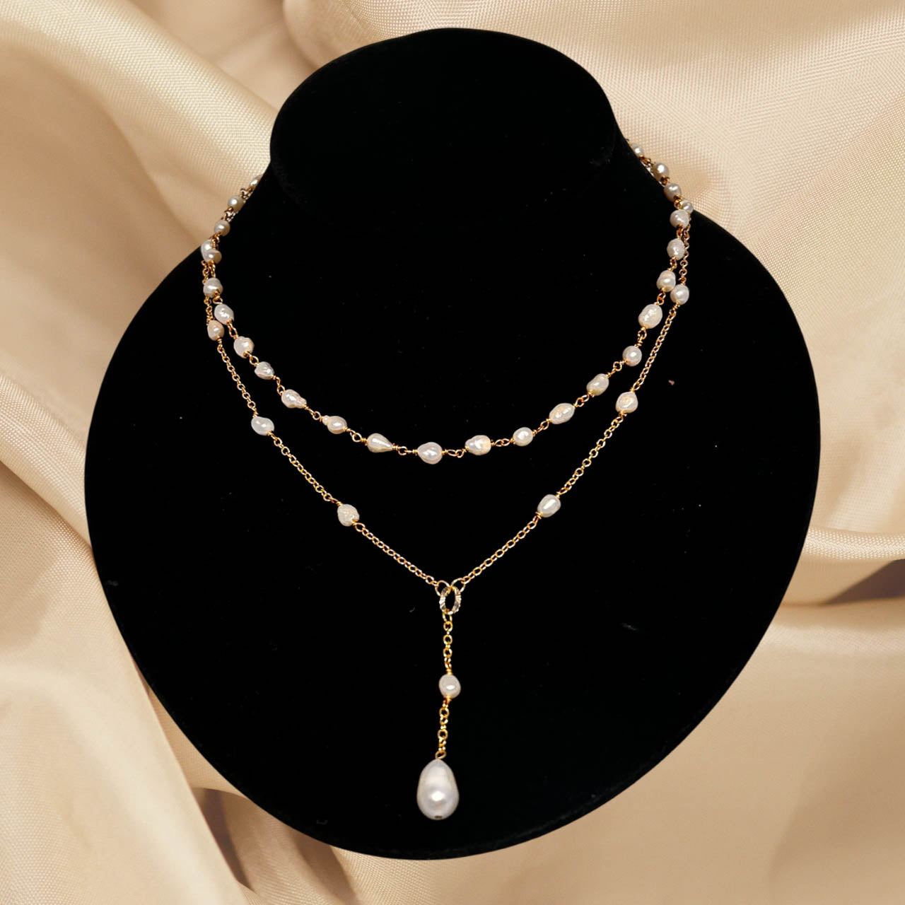 Two strands Pearl, And Gold Filled Chain Necklace With Pearl Drop