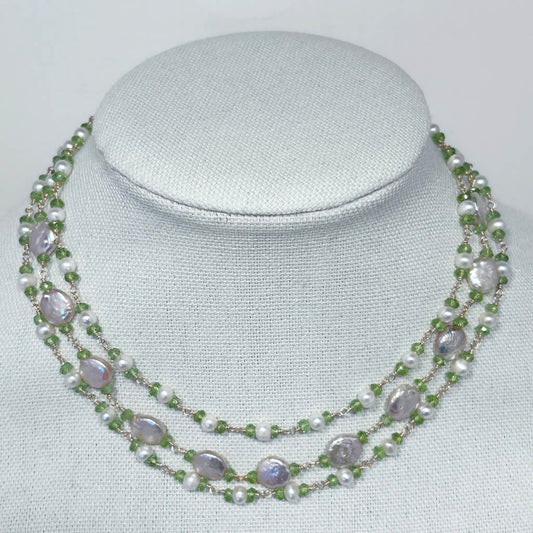 Three Strands Stylish Pearl And Peridot Necklace