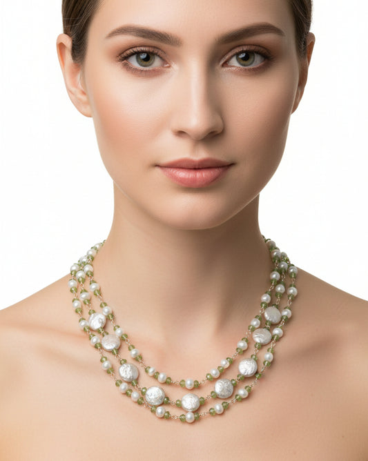 Three Strands Stylish Pearl And Peridot Necklace