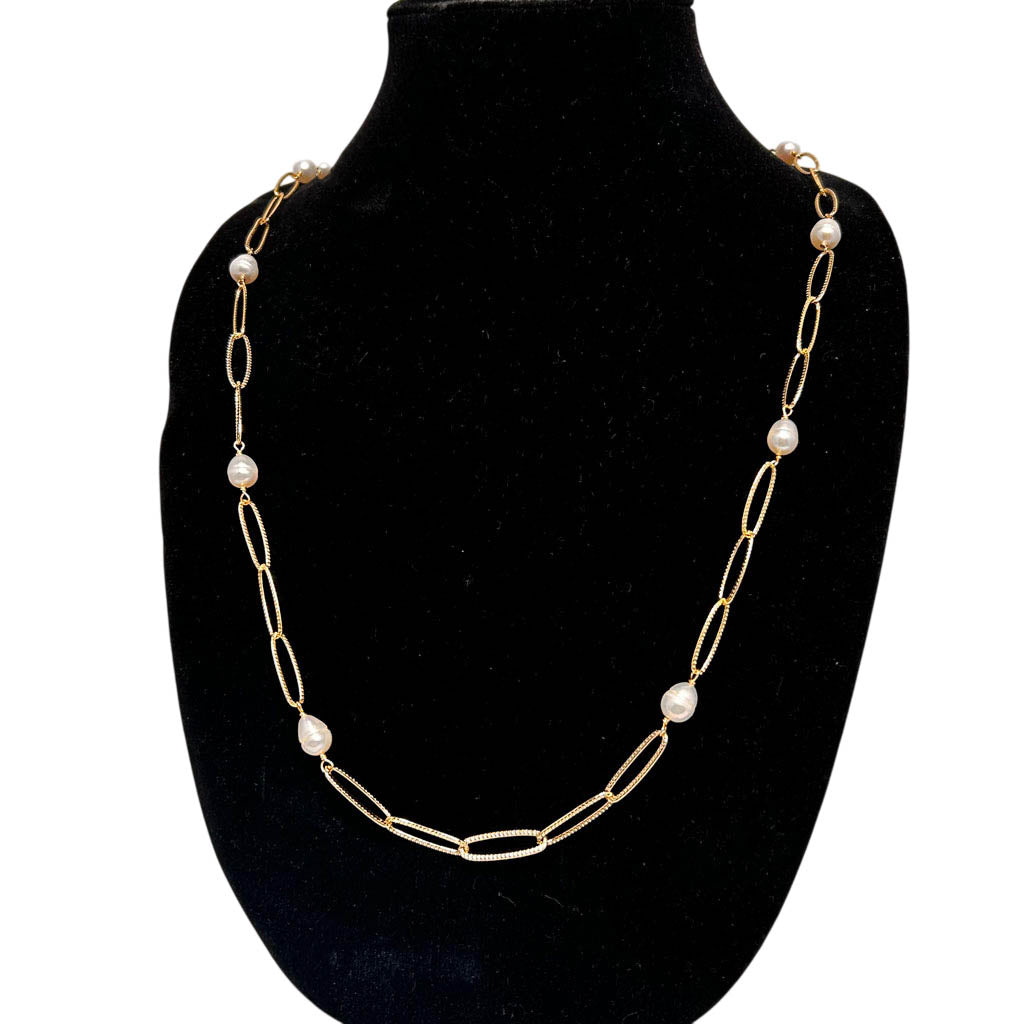 Long, Pearl And Gold Plated Chain Necklace