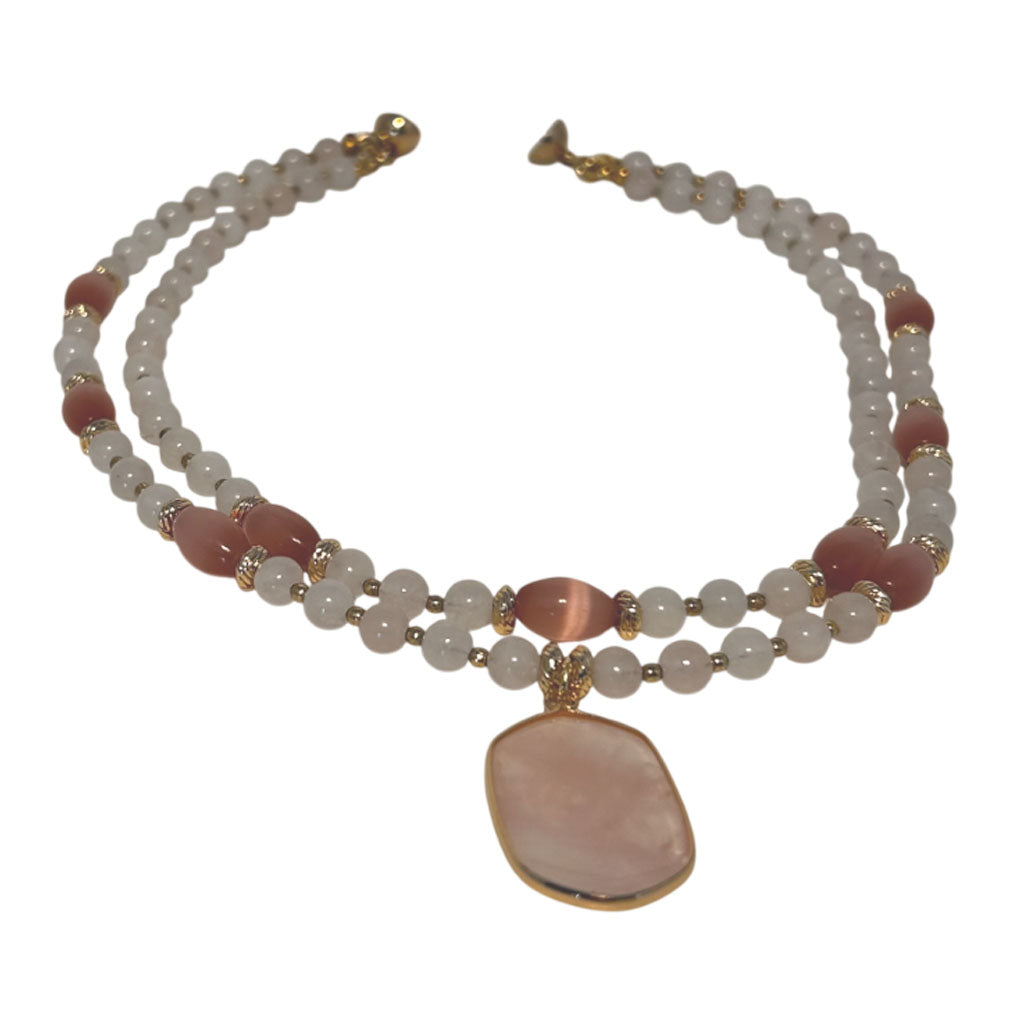 Two Strands Rose Quartz, And Pink Cat Eye Necklace With Rose Quartz Pendant