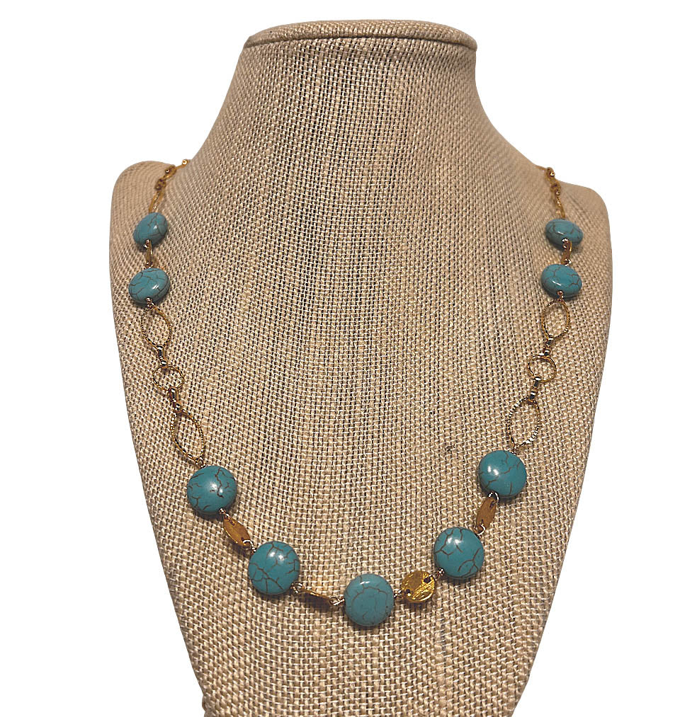 Long, Turquoise, And Gold Plated Necklace