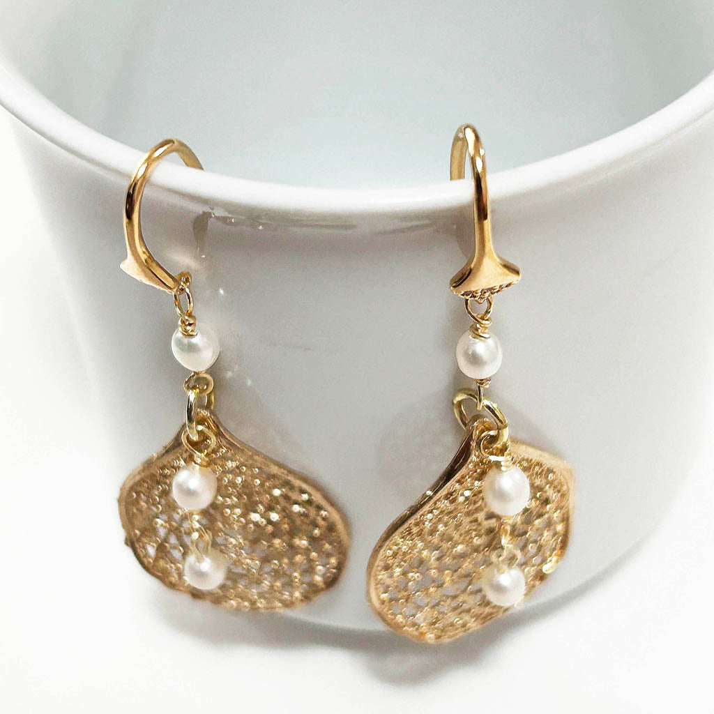 Pearl, And Mesh style Gold plated, Dangle Earrings