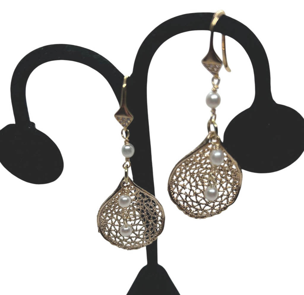 Pearl, And Mesh style Gold plated, Dangle Earrings