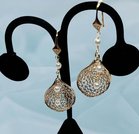 Pearl, And Mesh style Gold plated, Dangle Earrings