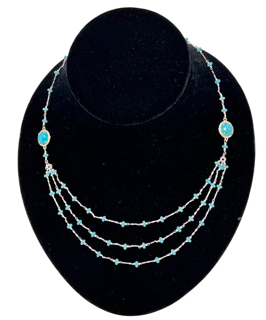 Three Strands Natural Turquoise, And Sterling Silver Necklace