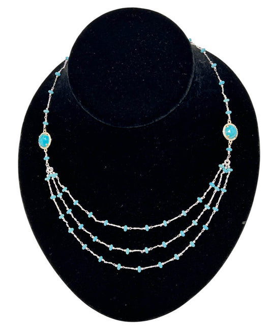 Three Strands Natural Turquoise, And Sterling Silver Necklace