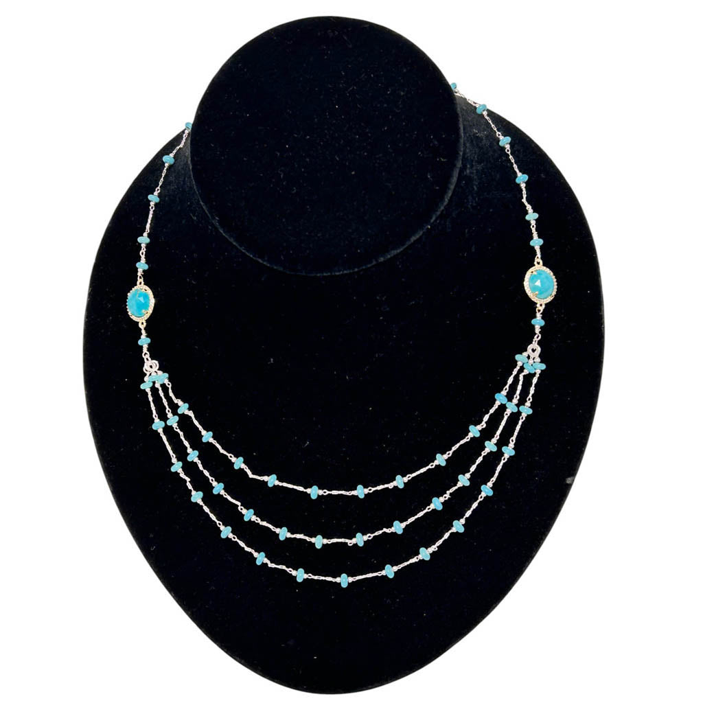 Three Strands Natural Turquoise, And Sterling Silver Necklace