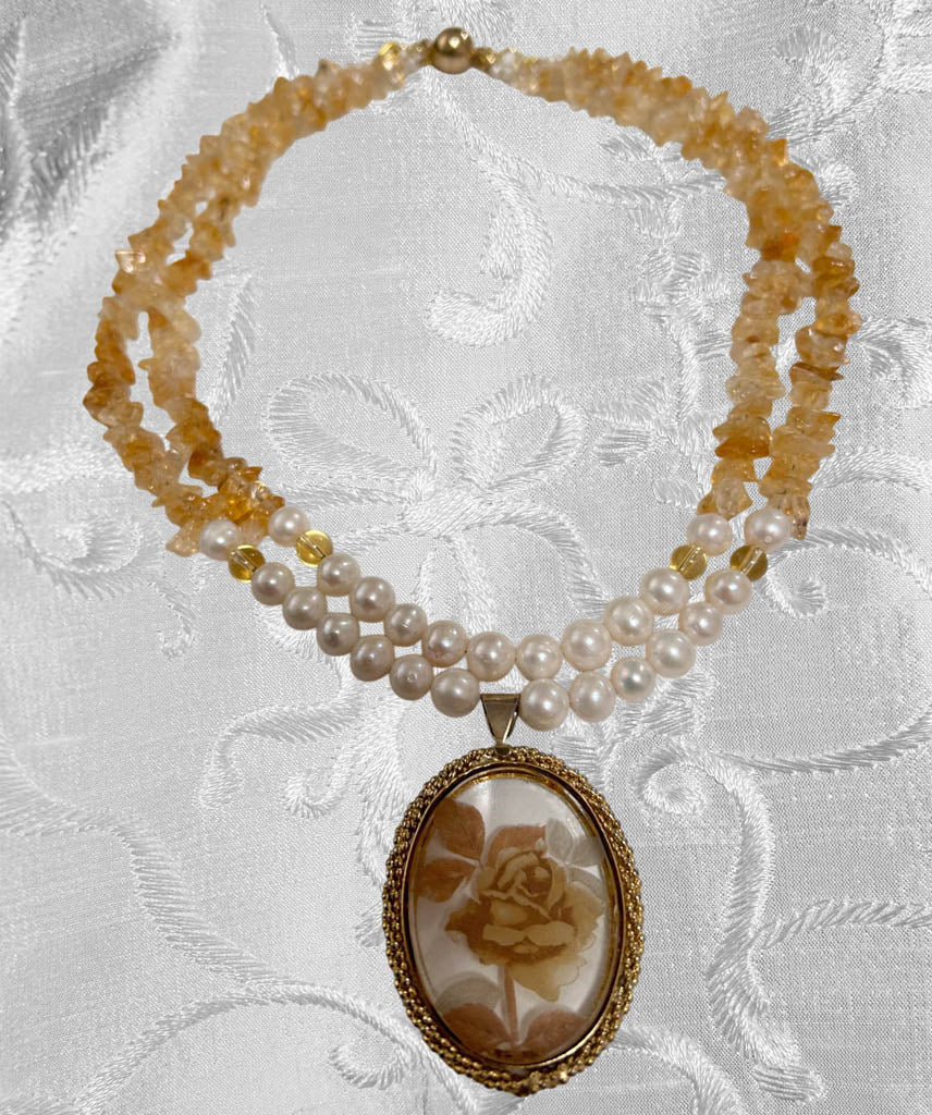 Two Strands Citrine, and Pearl Necklace, With Antique Pendant