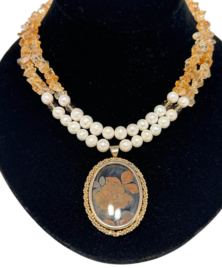 Two Strands Citrine, and Pearl Necklace, With Antique Pendant