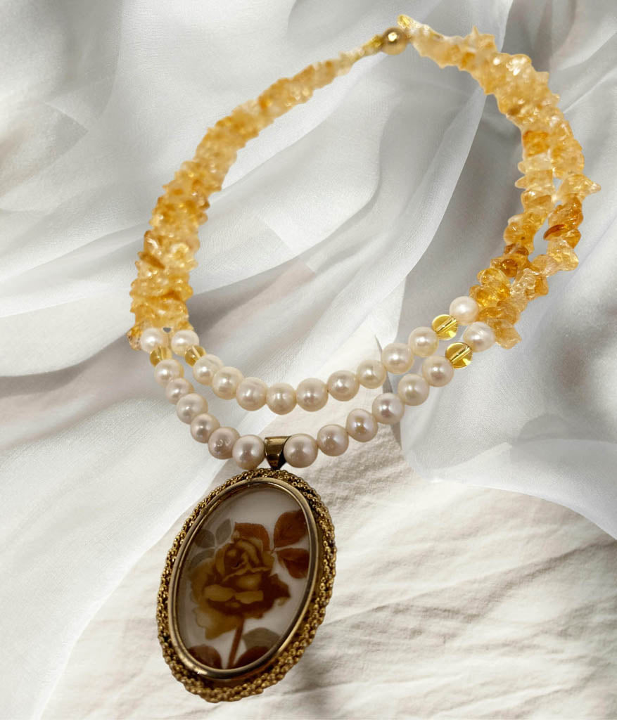 Two Strands Citrine, and Pearl Necklace, With Antique Pendant