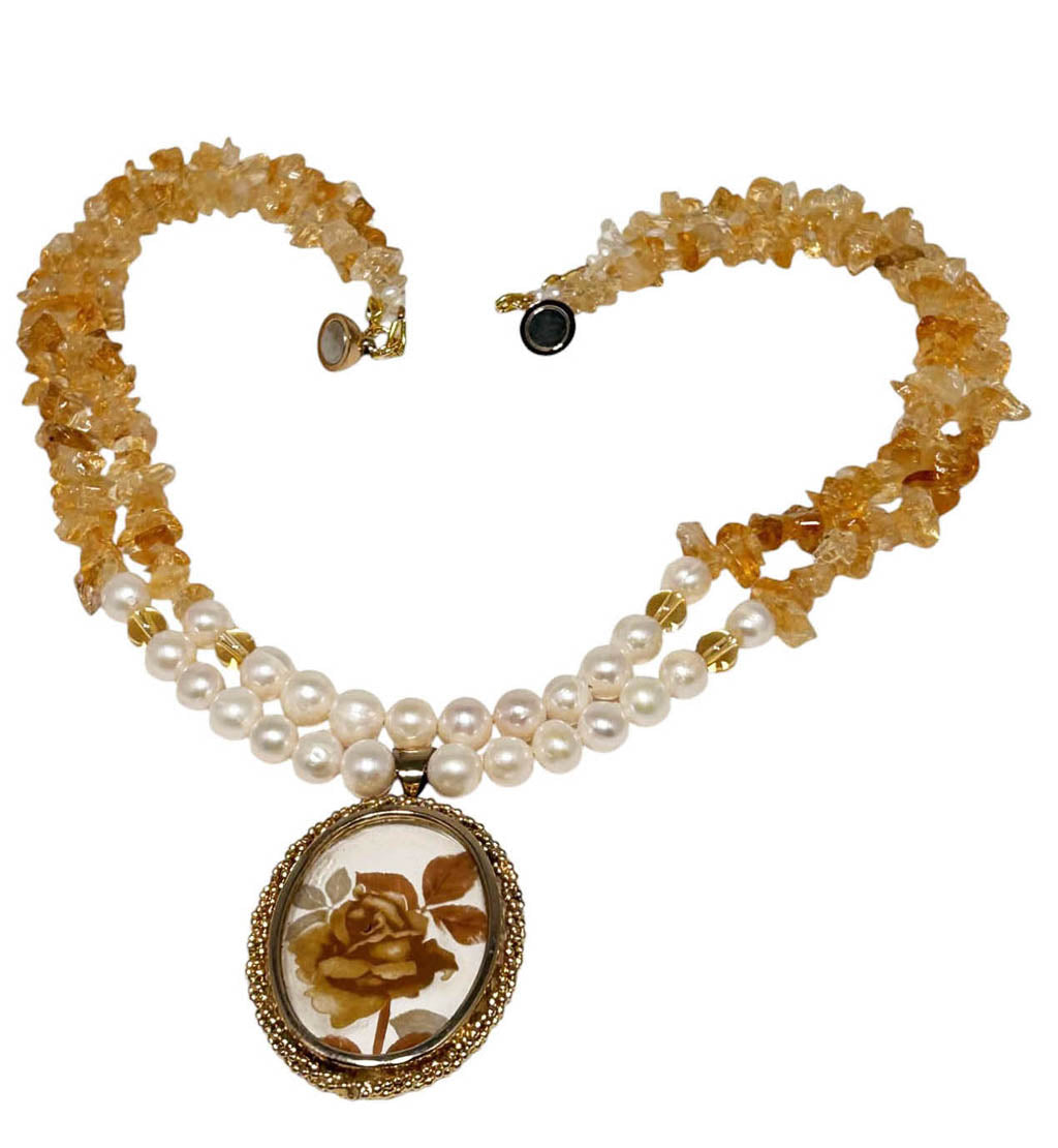 Two Strands Citrine, and Pearl Necklace, With Antique Pendant