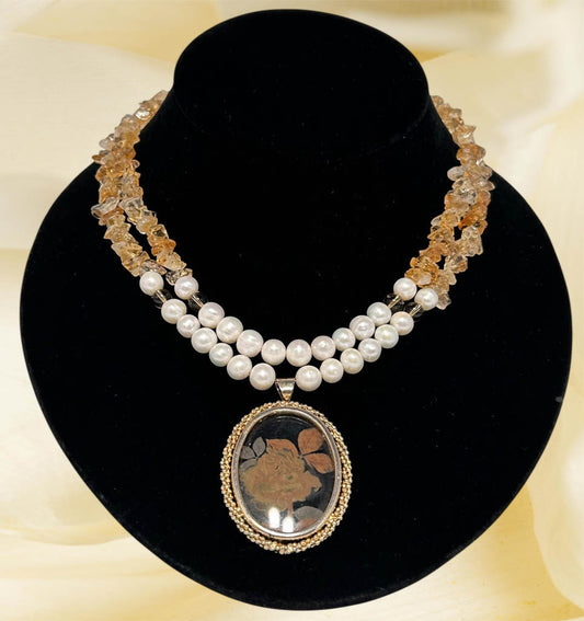 Two Strands Citrine, and Pearl Necklace, With Antique Pendant