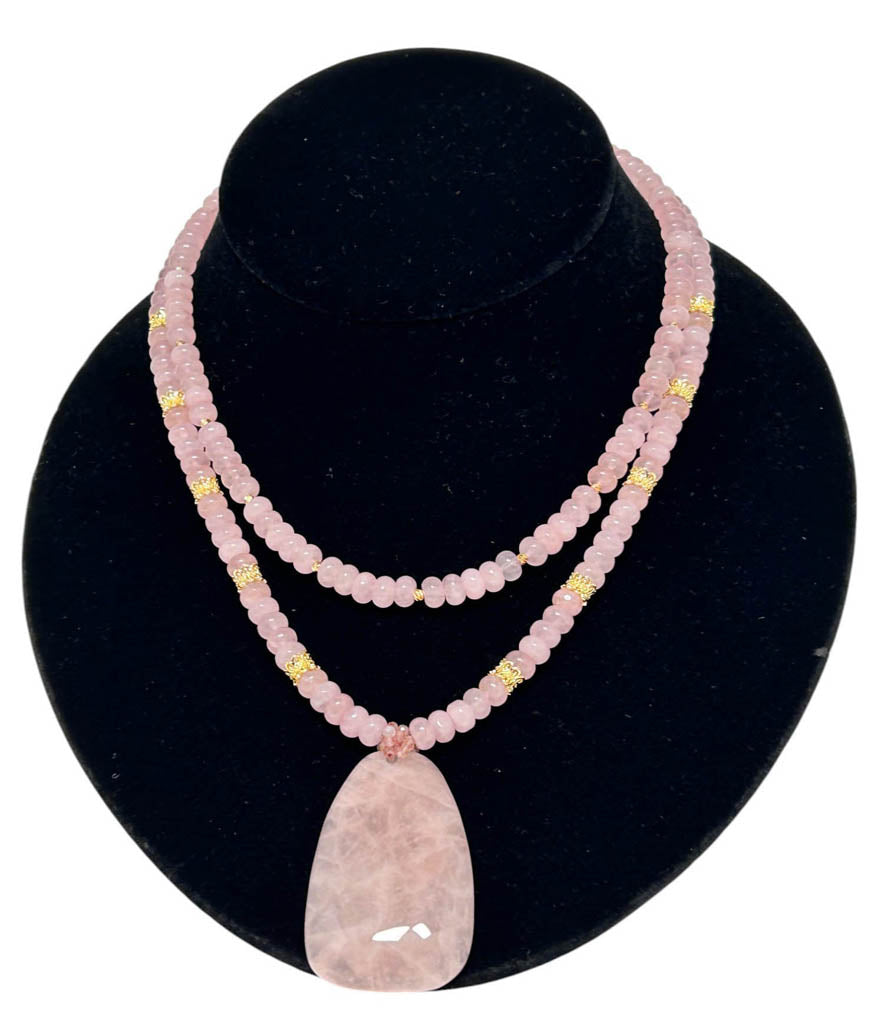 Two Strands Stylish Rose Quartz, With Rose Quartz Pendant