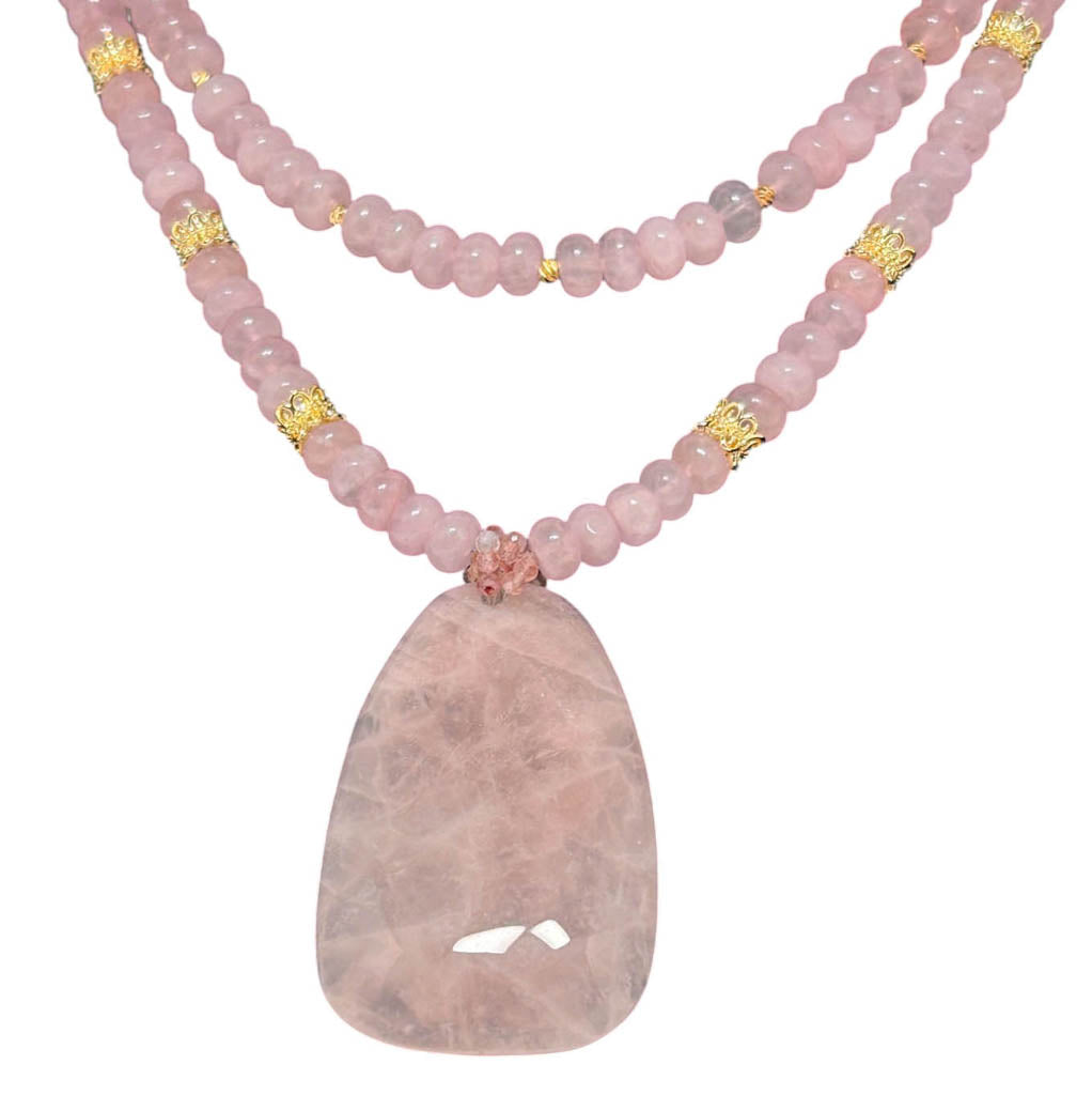 Two Strands Stylish Rose Quartz, With Rose Quartz Pendant