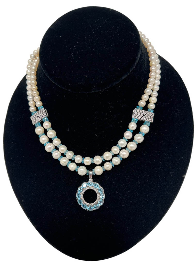 Two Strands Pearl, And Apatite Necklace With Apatite Pendant