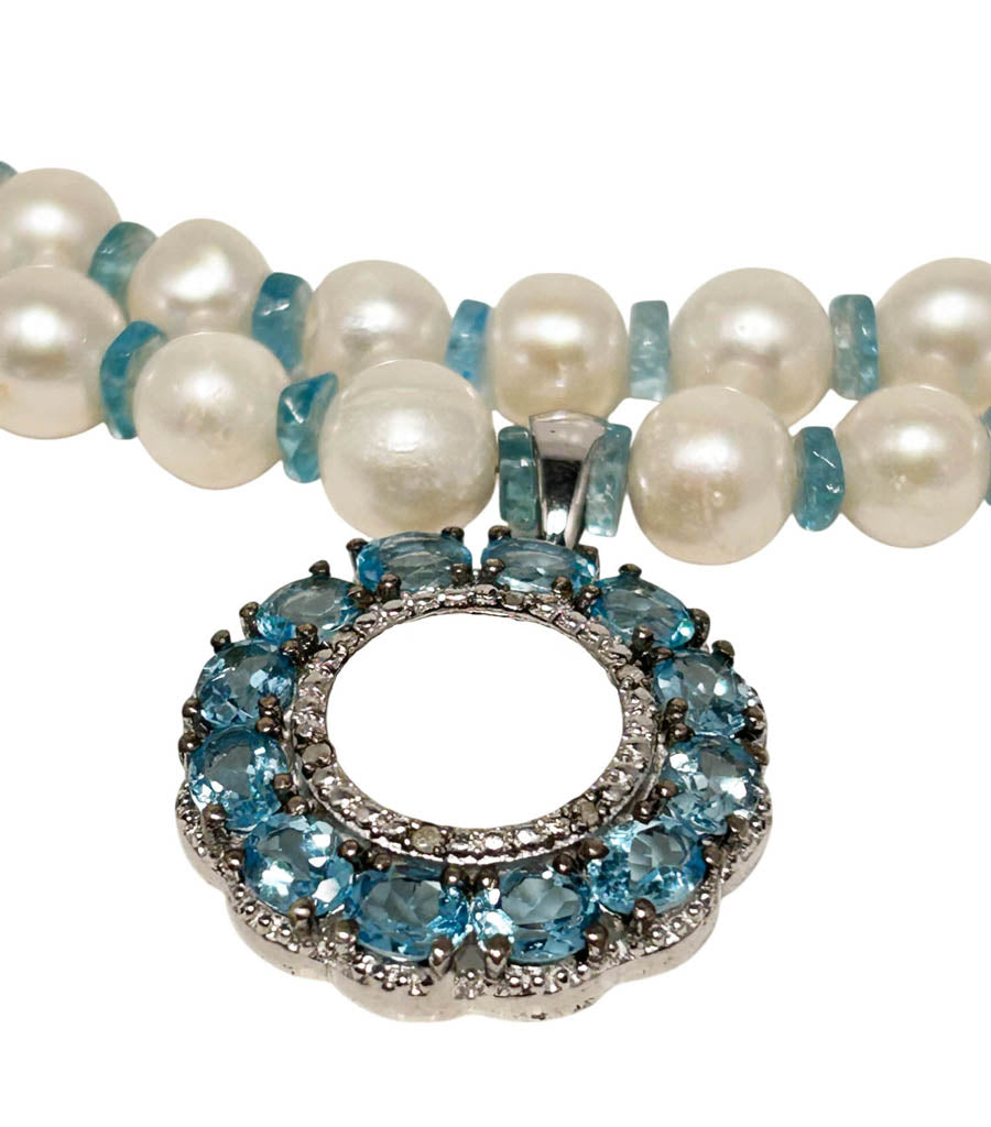 Two Strands Pearl, And Apatite Necklace With Apatite Pendant