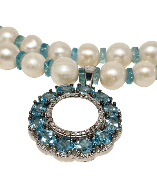 Two Strands Pearl, And Apatite Necklace With Apatite Pendant