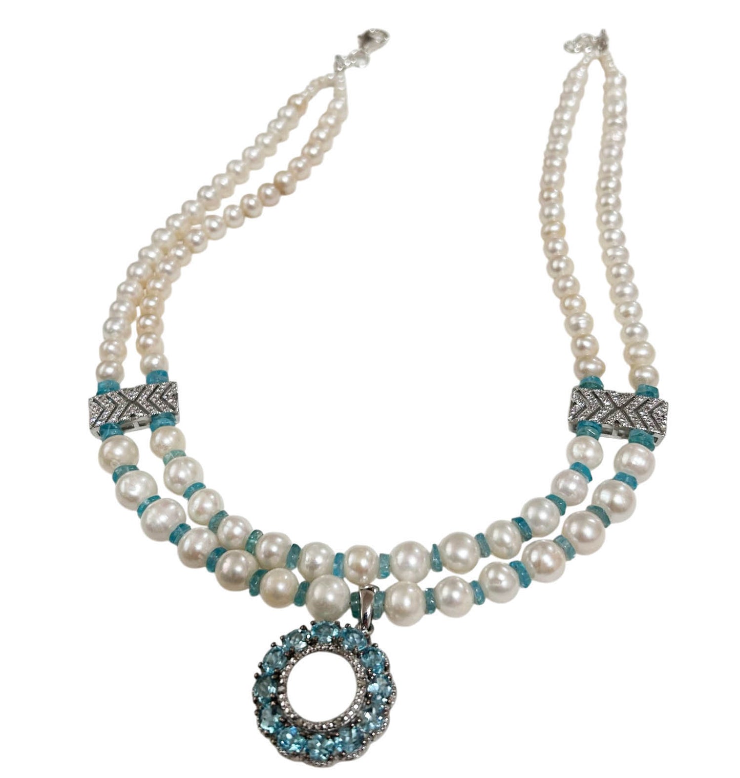 Two Strands Pearl, And Apatite Necklace With Apatite Pendant