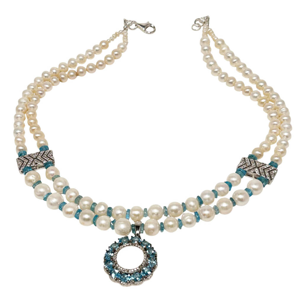 Two Strands Pearl, And Apatite Necklace With Apatite Pendant