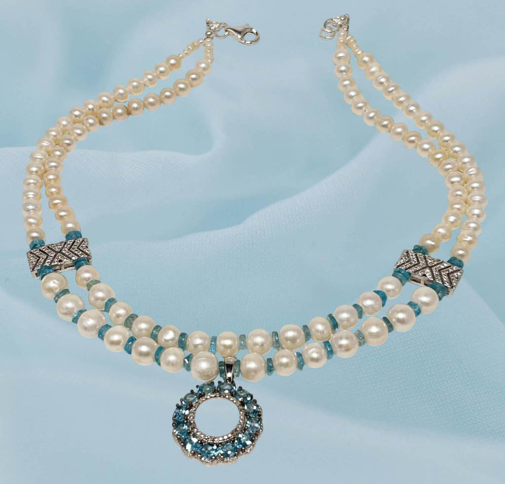 Two Strands Pearl, And Apatite Necklace With Apatite Pendant