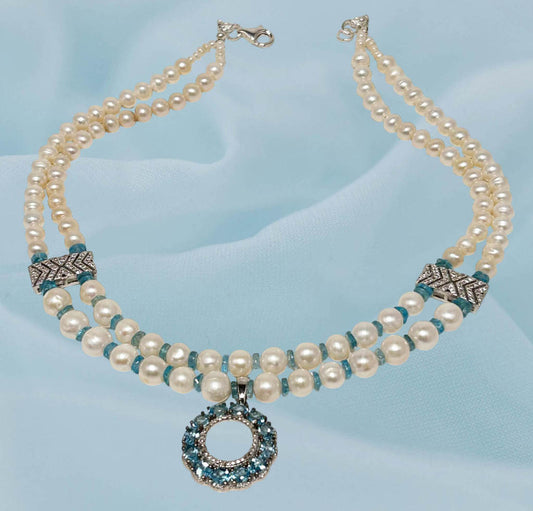 Two Strands Pearl, And Apatite Necklace With Apatite Pendant