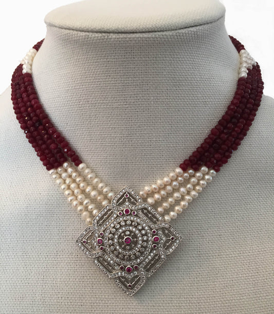 Four Strands Pearl, And Red Jasper Necklace with Pendant