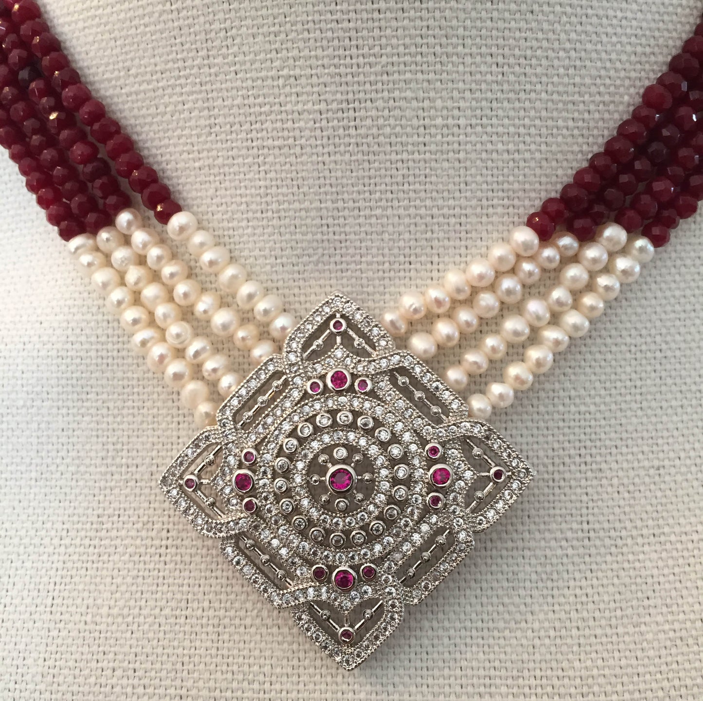 Four Strands Pearl, And Red Jasper Necklace with Pendant