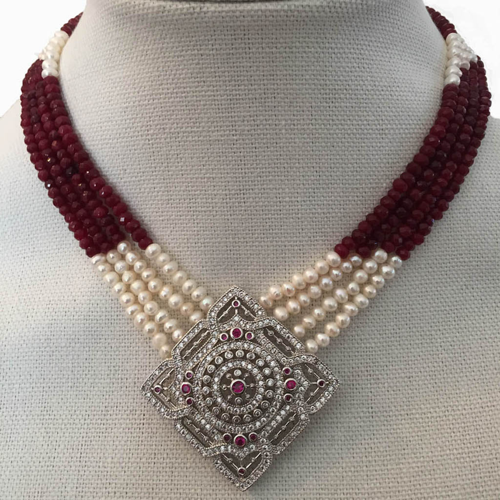 Four Strands Pearl, And Red Jasper Necklace with Pendant