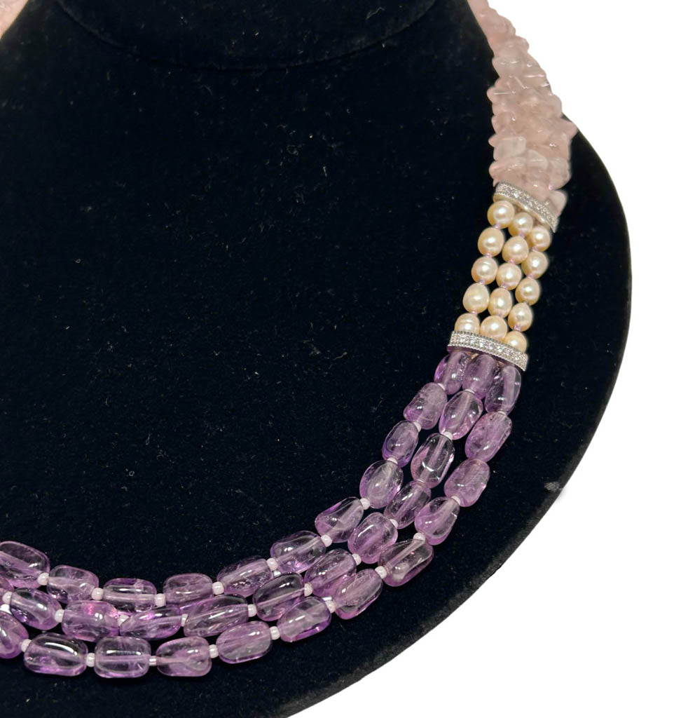 Three Strands Amethyst, Pearl, And Rose Quartz Necklace