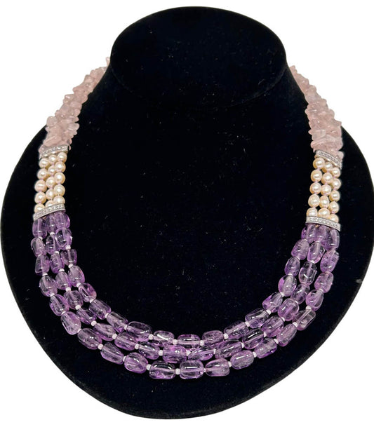 Three Strands Amethyst, Pearl, And Rose Quartz Necklace
