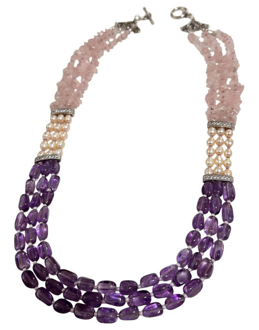 Three Strands Amethyst, Pearl, And Rose Quartz Necklace