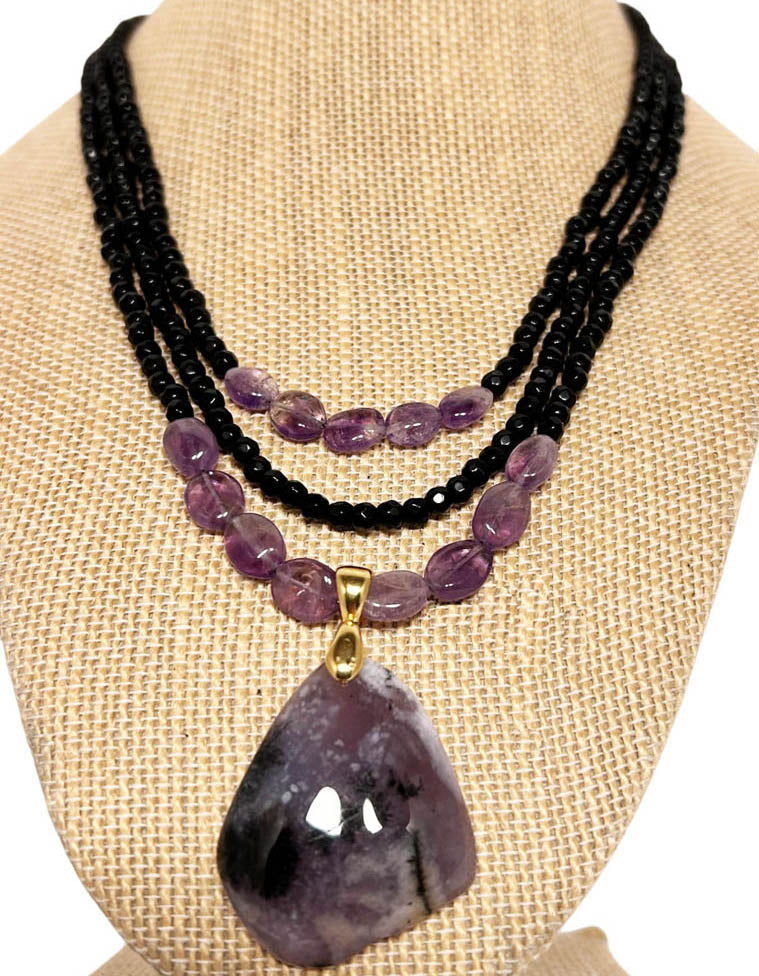 Three Strands Black Onyx, And Amethyst With Amethyst pendant
