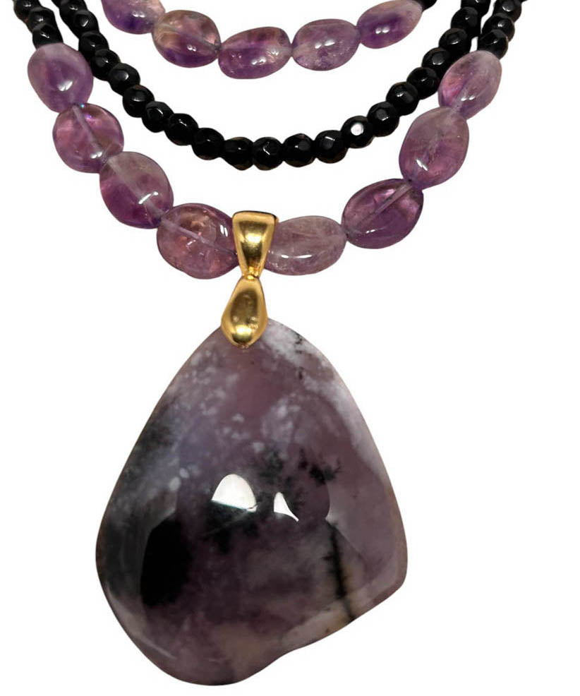 Three Strands Black Onyx, And Amethyst With Amethyst pendant