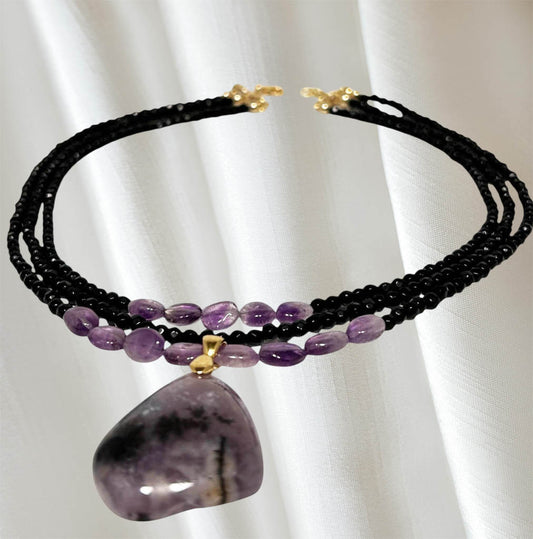 Three Strands Black Onyx, And Amethyst With Amethyst pendant