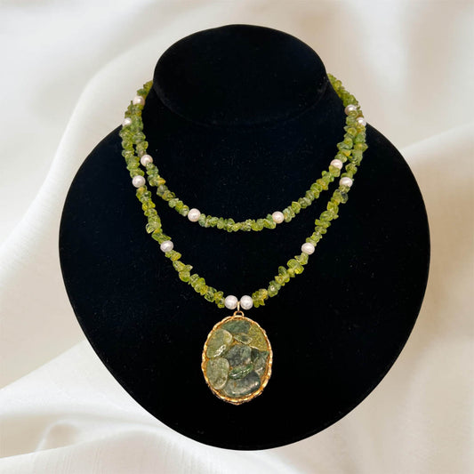 Two strands peridot, and pearl Necklace