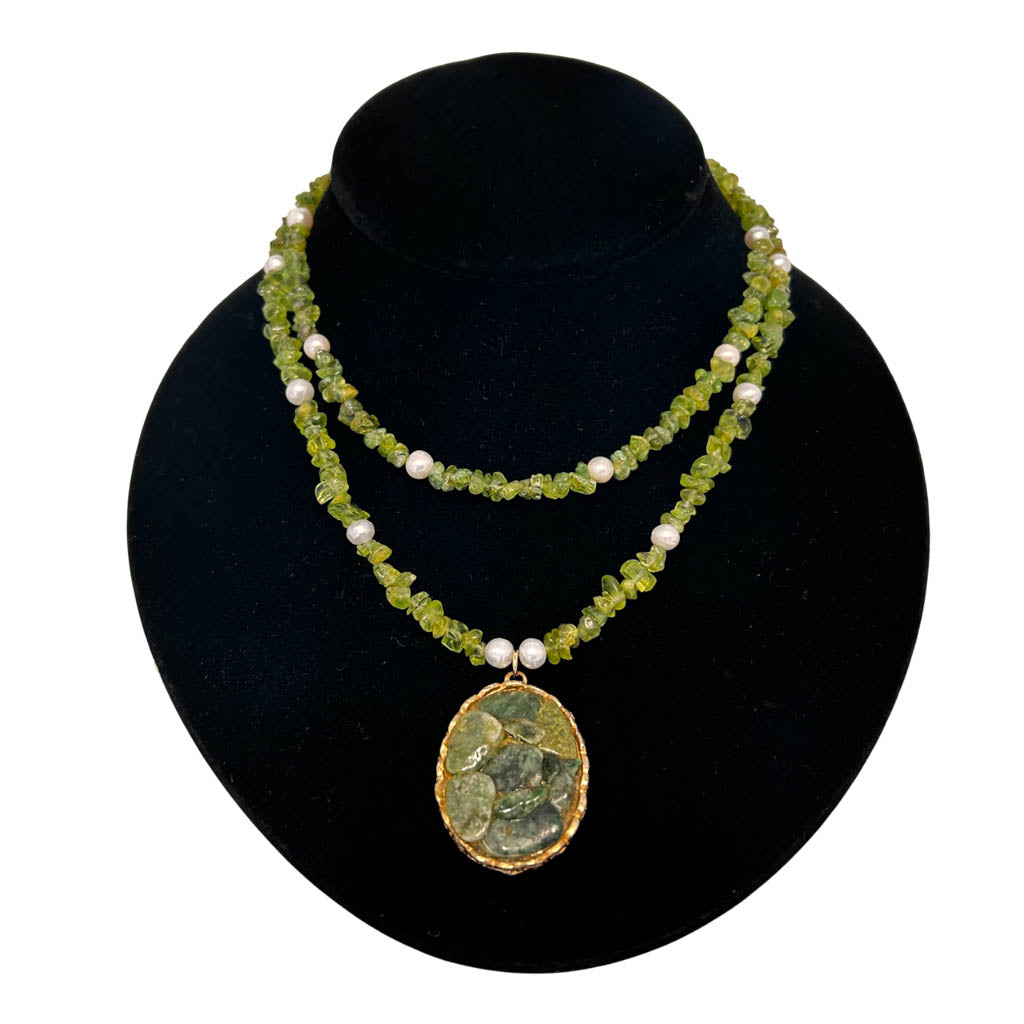 Two strands peridot, and pearl Necklace