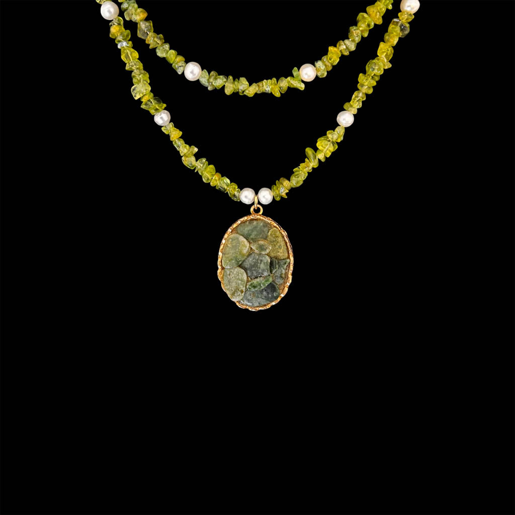 Two strands peridot, and pearl Necklace
