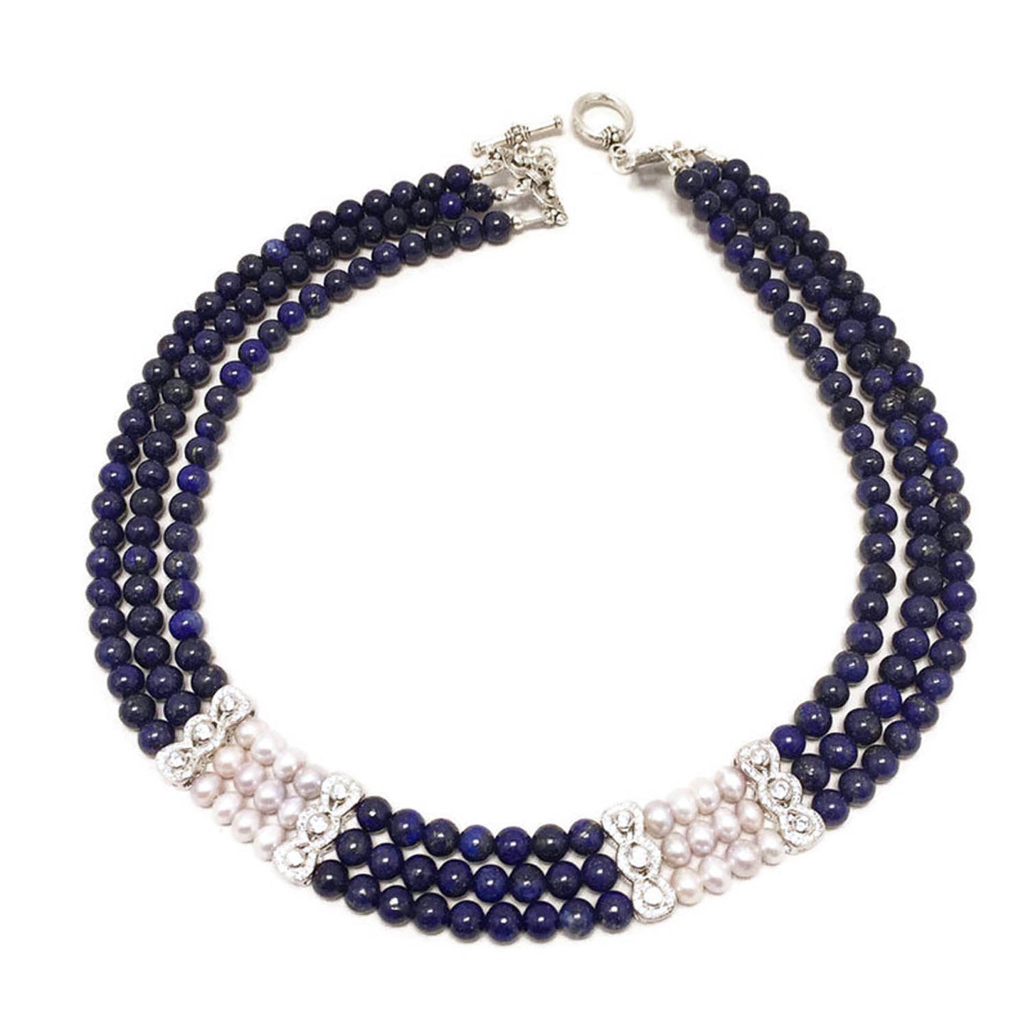 Three Strands lapis lazuli And Silver Color Pearl necklace
