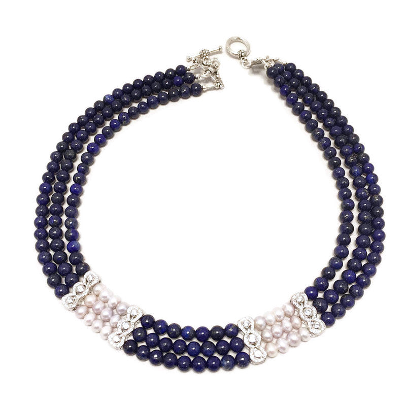 Three Strands lapis lazuli And Silver Color Pearl necklace