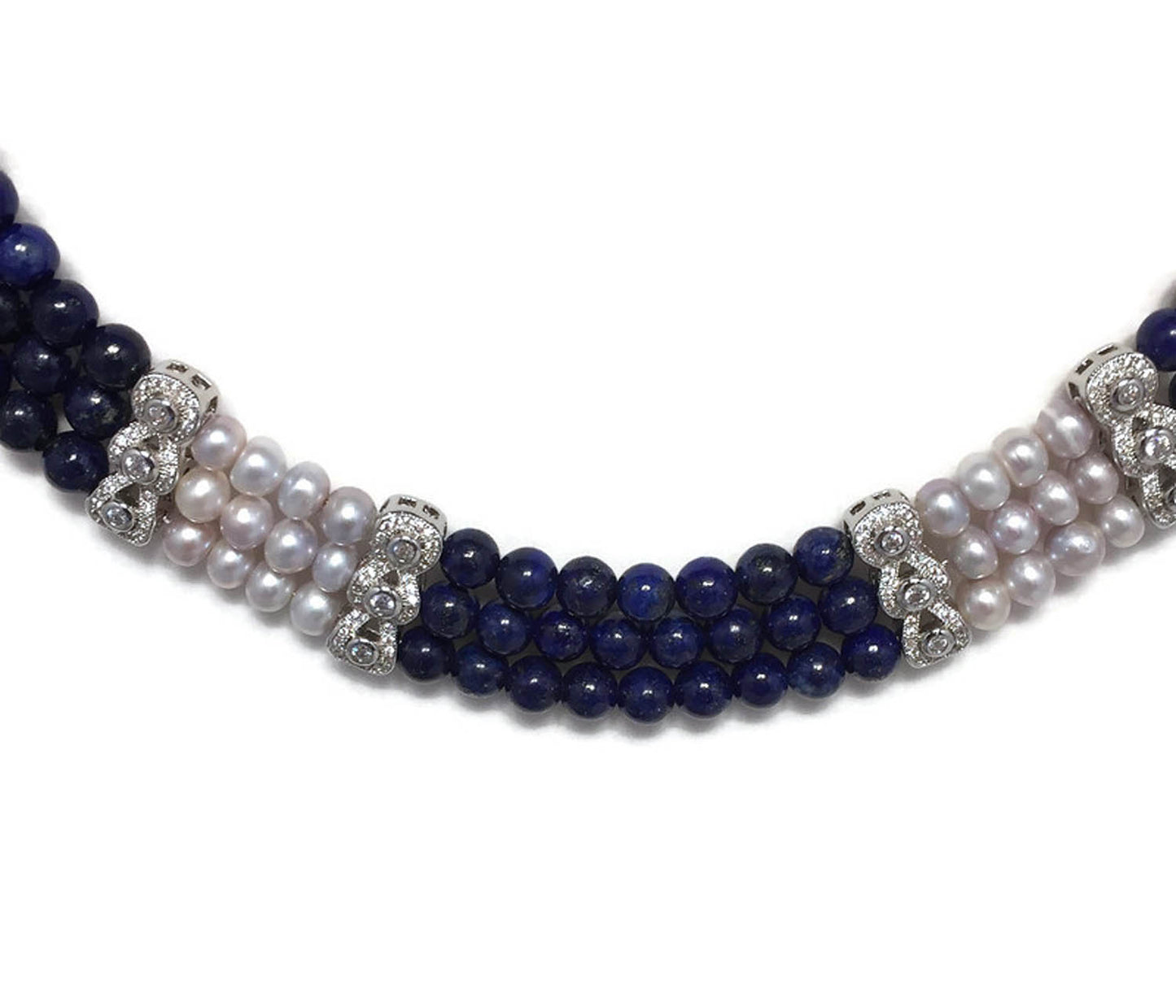 Three Strands lapis lazuli And Silver Color Pearl necklace