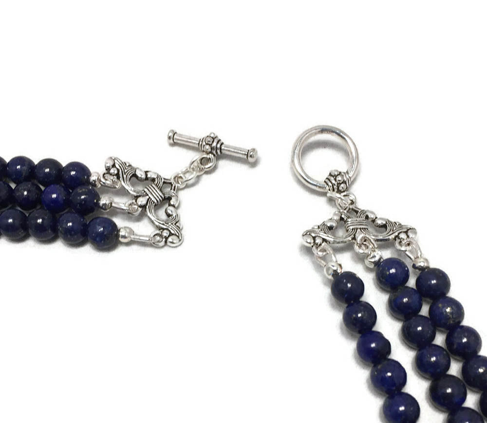 Three Strands lapis lazuli And Silver Color Pearl necklace