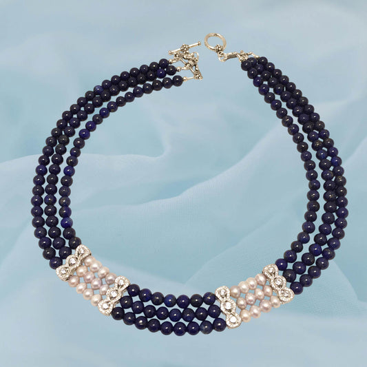 Three Strands lapis lazuli And Silver Color Pearl necklace