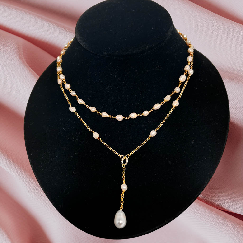 Two strands Pearl, And Gold Filled Chain Necklace With Pearl Drop