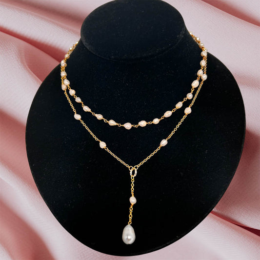 Two strands Pearl, And Gold Filled Chain Necklace With Pearl Drop