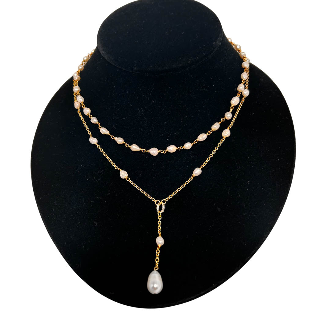 Two strands Pearl, And Gold Filled Chain Necklace With Pearl Drop