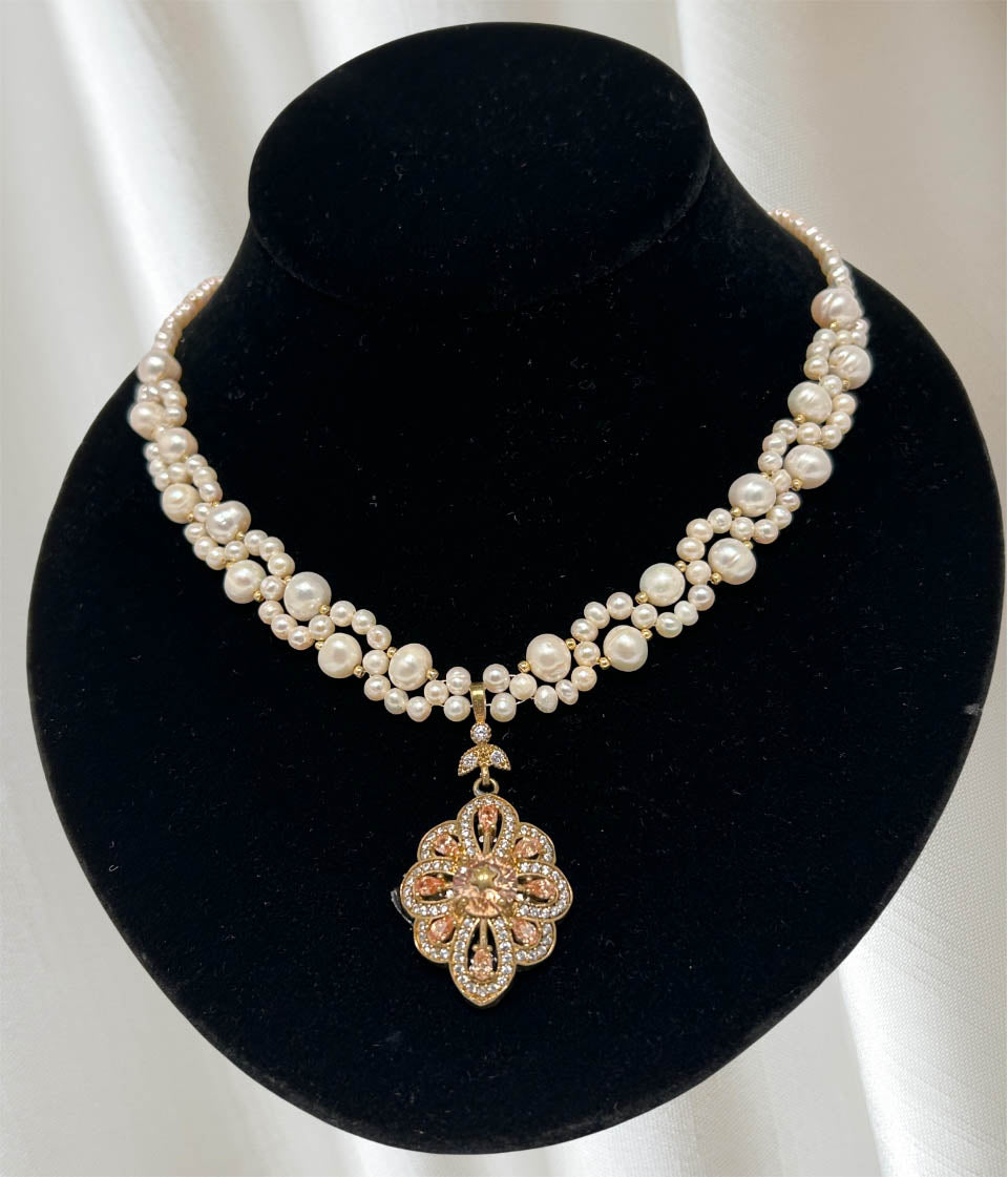 Stylish Pearl Necklace, With Golden Color Topaz  Pendant